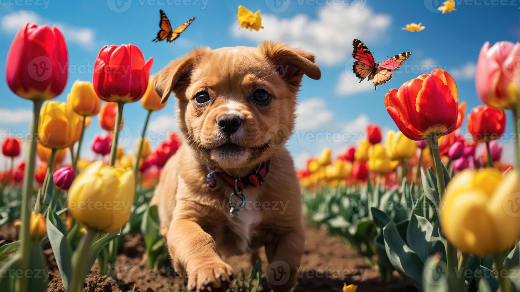 A playful puppy runs through a vibrant tulip field with butterflies fluttering around. photo
