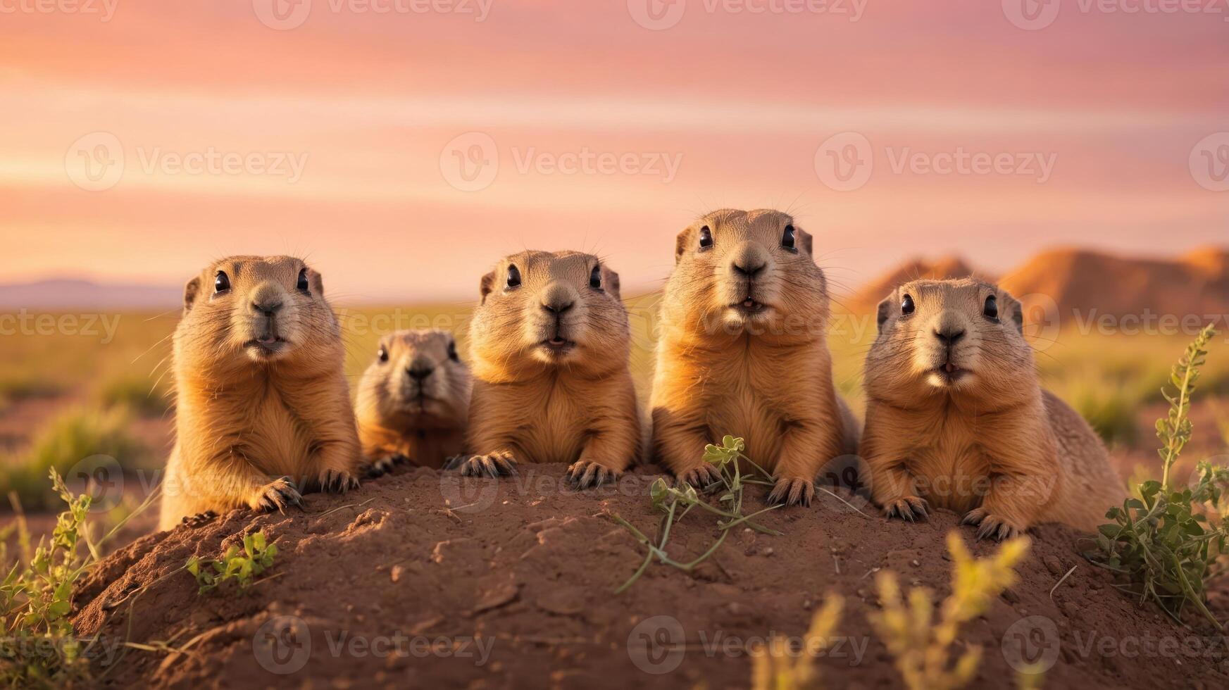 Five prairie dogs perched on a mound during a colorful sunset. photo
