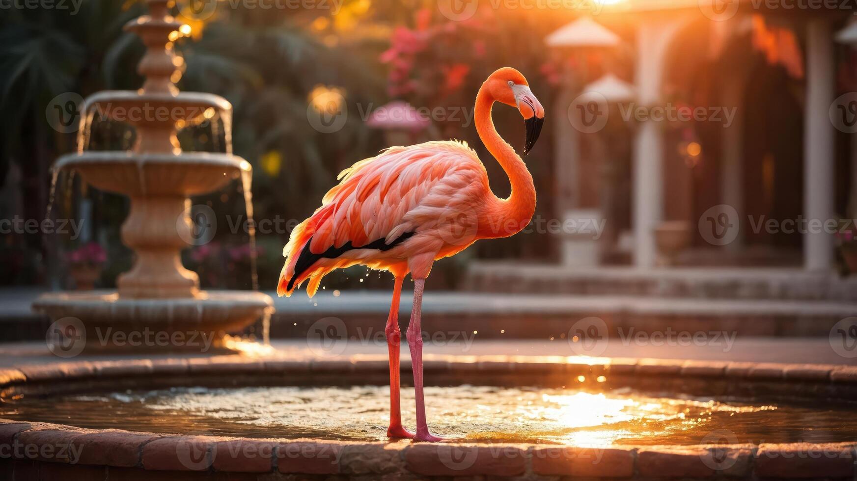 A flamingo stands gracefully in a fountain at sunset, highlighting its vibrant colors. photo