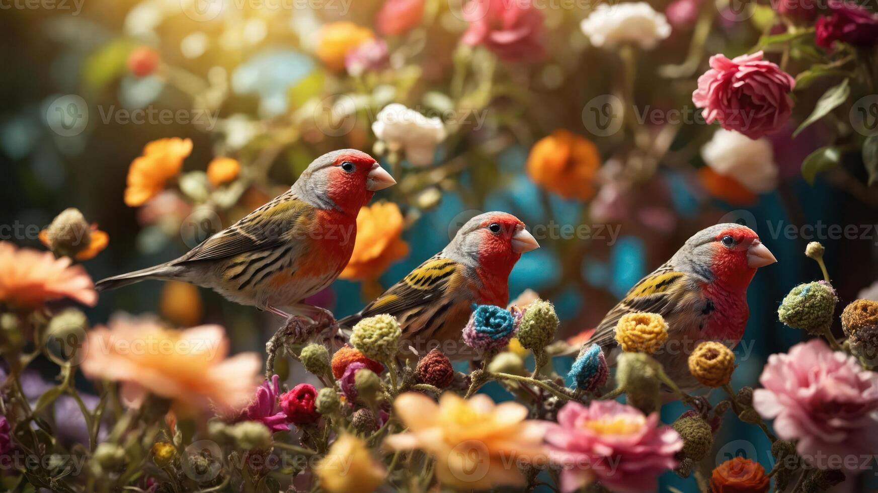Three colorful birds perched among vibrant flowers in a serene garden setting. photo