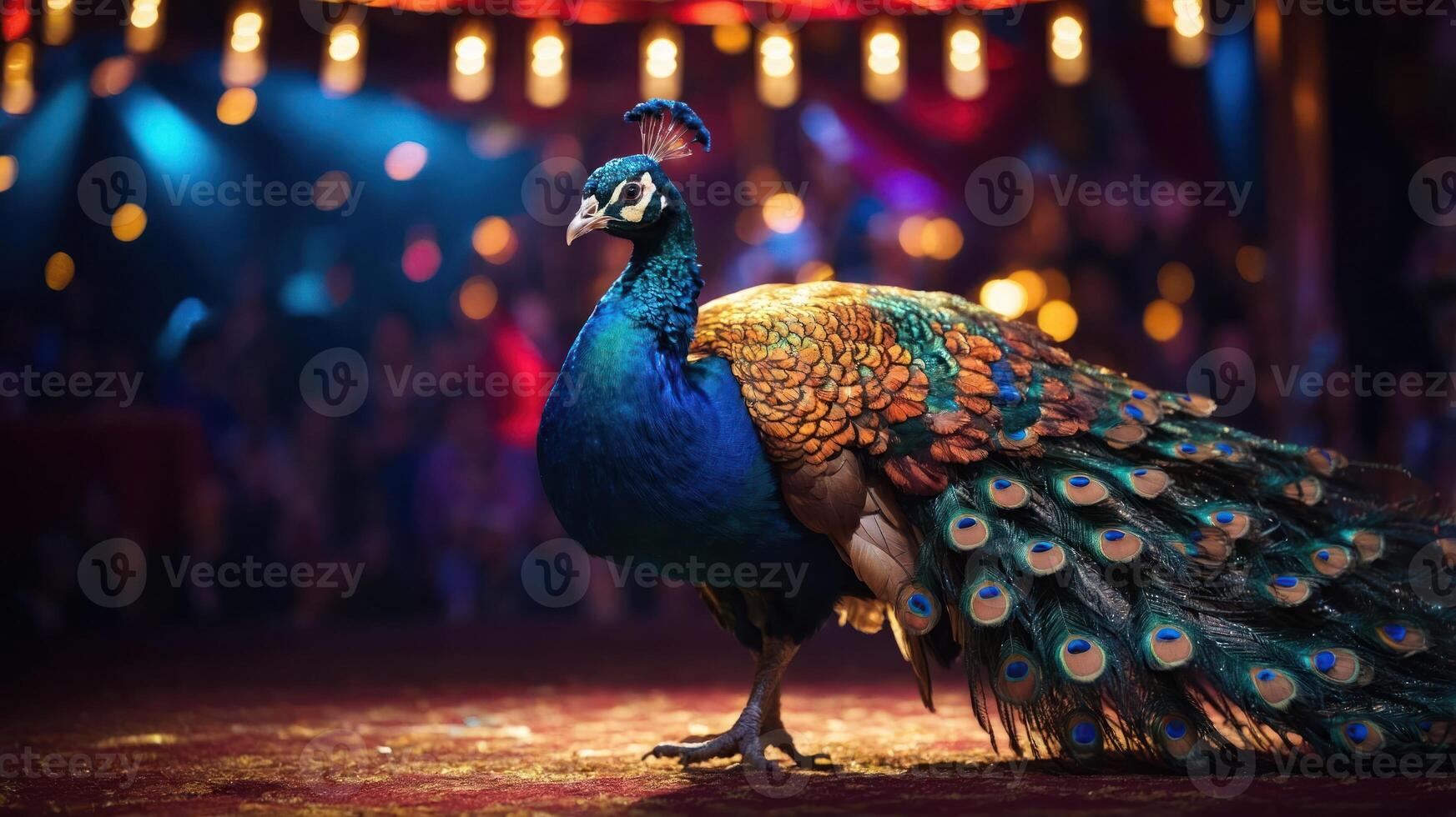 A vibrant peacock displays its colorful feathers in a lively circus setting. photo