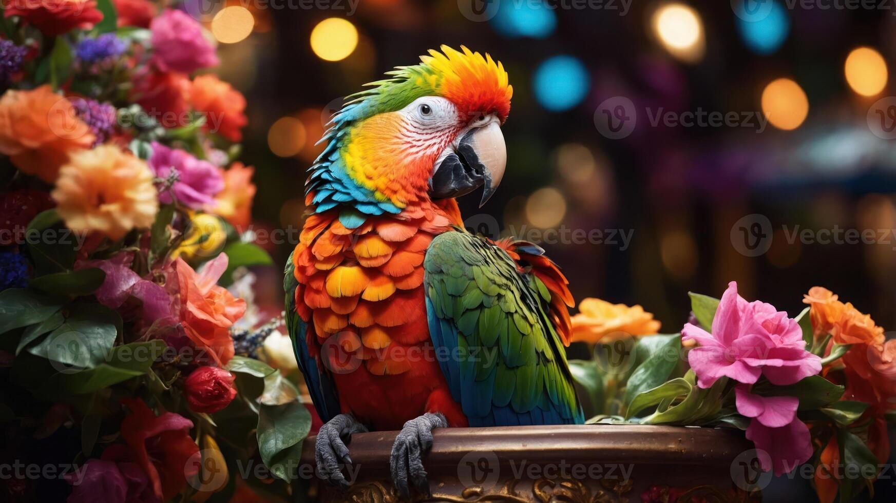 A vibrant parrot perched among colorful flowers, set against a blurred, festive background. photo