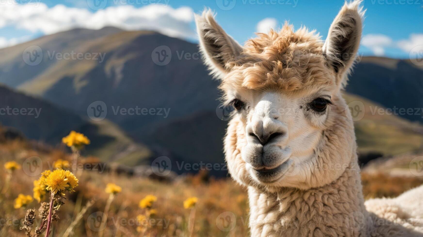 A close-up of a smiling llama amidst vibrant flowers and mountainous scenery. photo