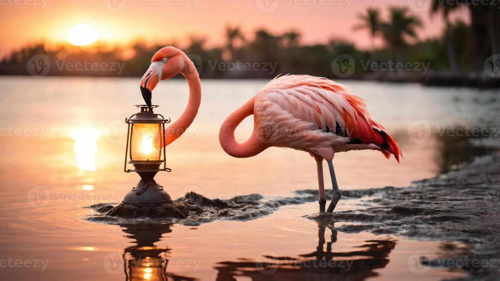 A flamingo interacts with a lantern at sunset, creating a serene and captivating scene. photo