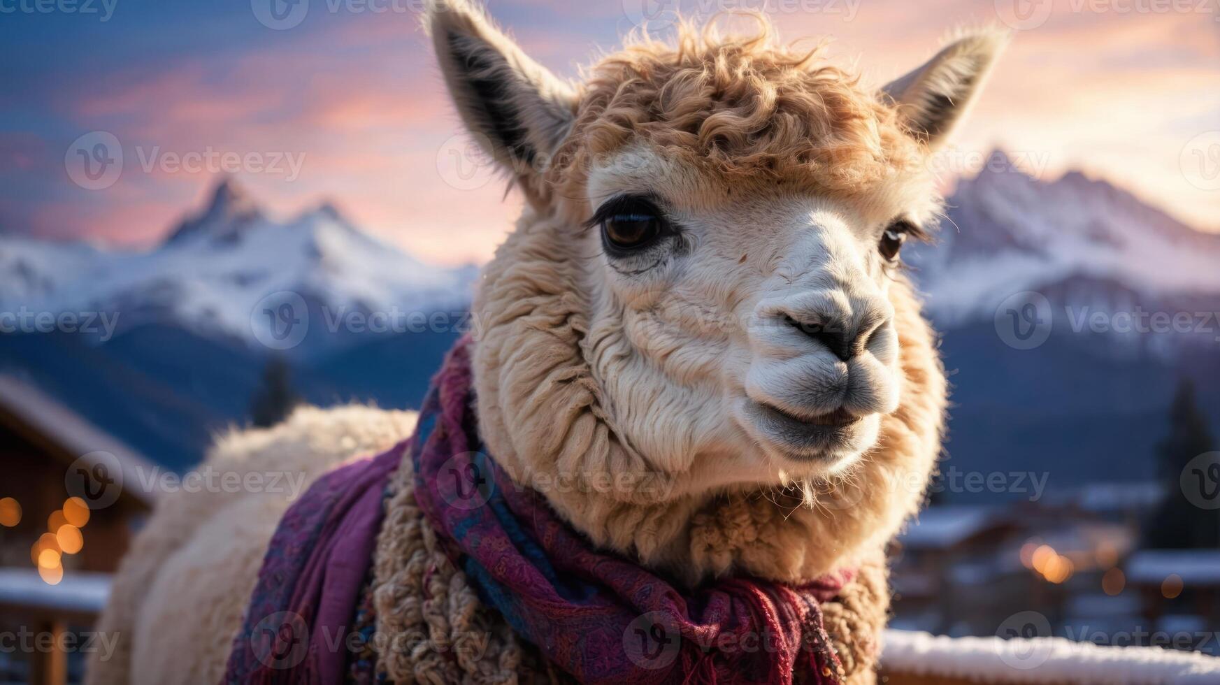 A llama wearing a scarf against a scenic mountain backdrop at sunset. photo