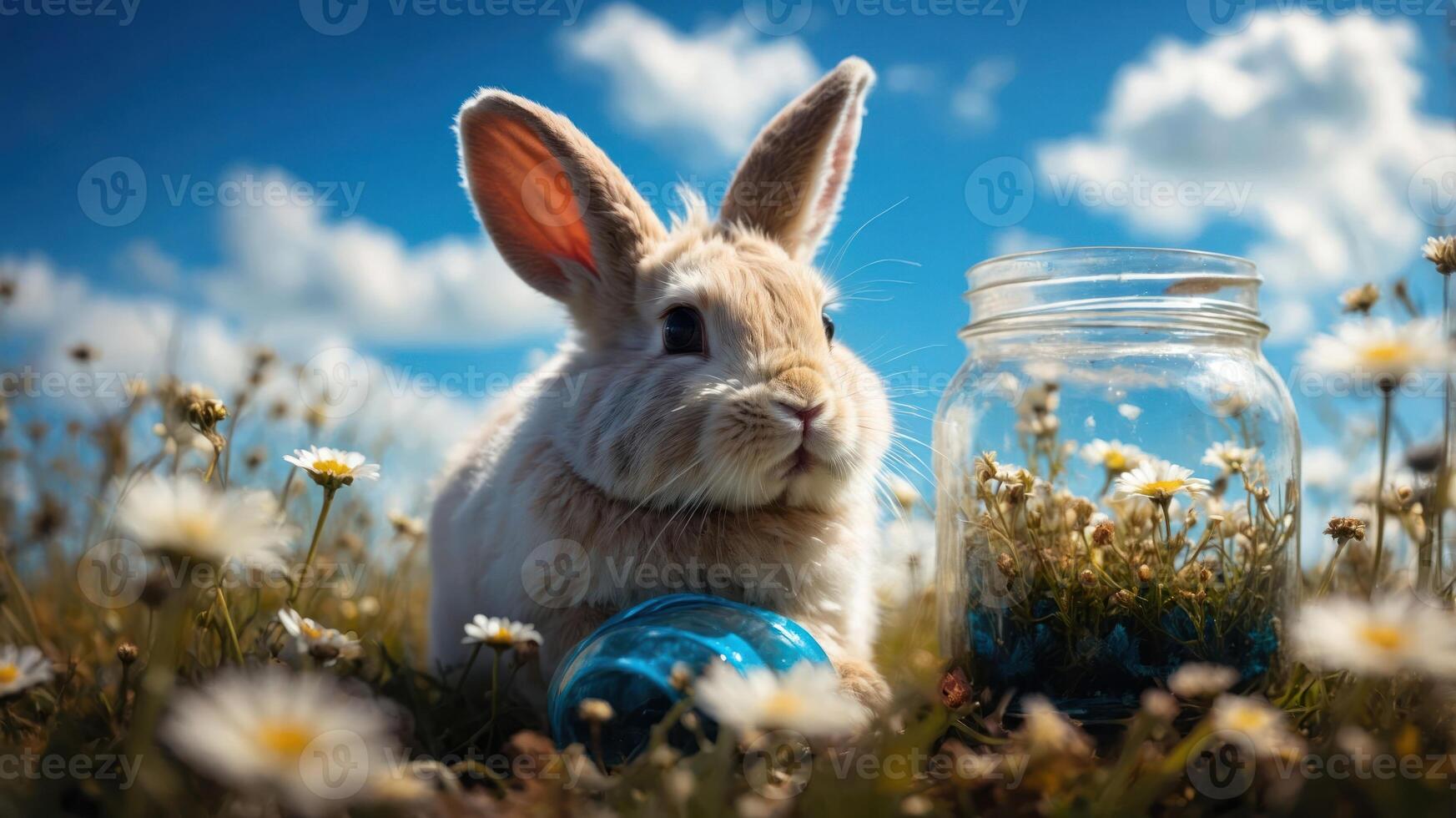 A cute rabbit beside a colorful egg and a jar in a sunny flower-filled field. photo