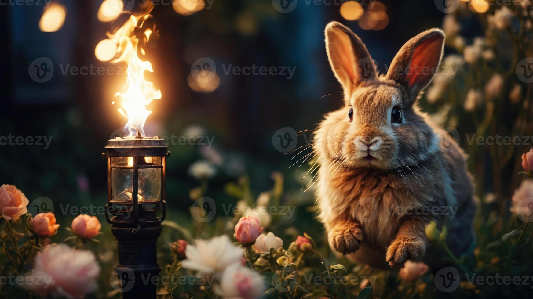 A rabbit leaps among flowers near a lit torch, creating a magical nighttime scene. photo