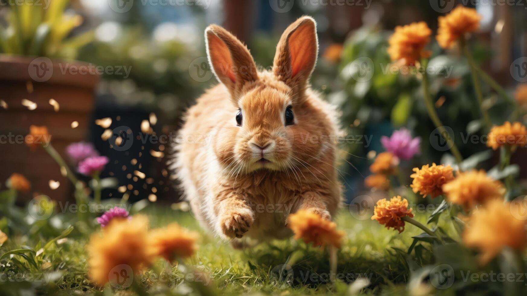 A playful rabbit leaps through a vibrant garden filled with colorful flowers. photo