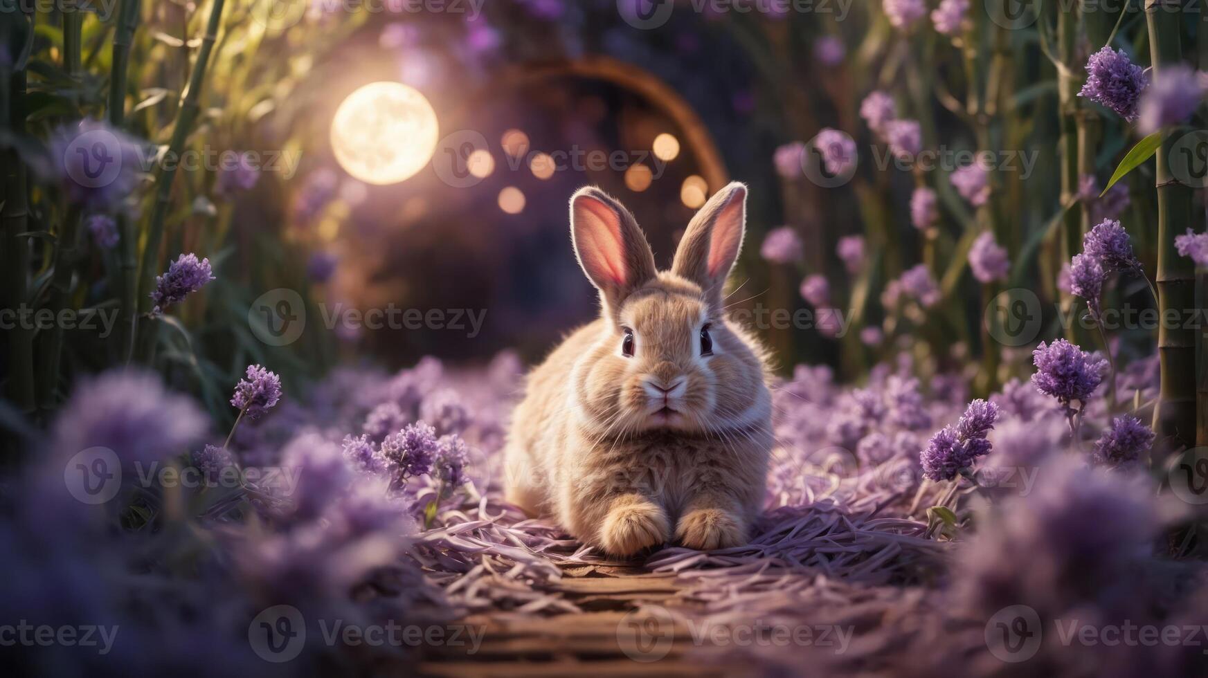 A serene rabbit resting among lavender flowers under a glowing moonlight. photo