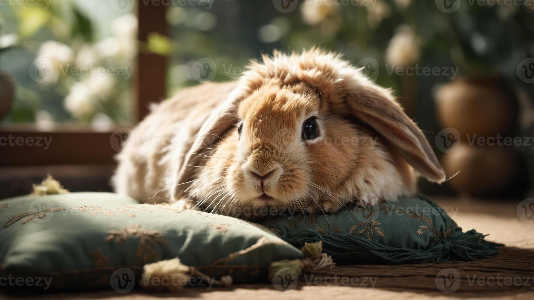 A fluffy rabbit rests on a decorative pillow in a serene indoor setting. photo