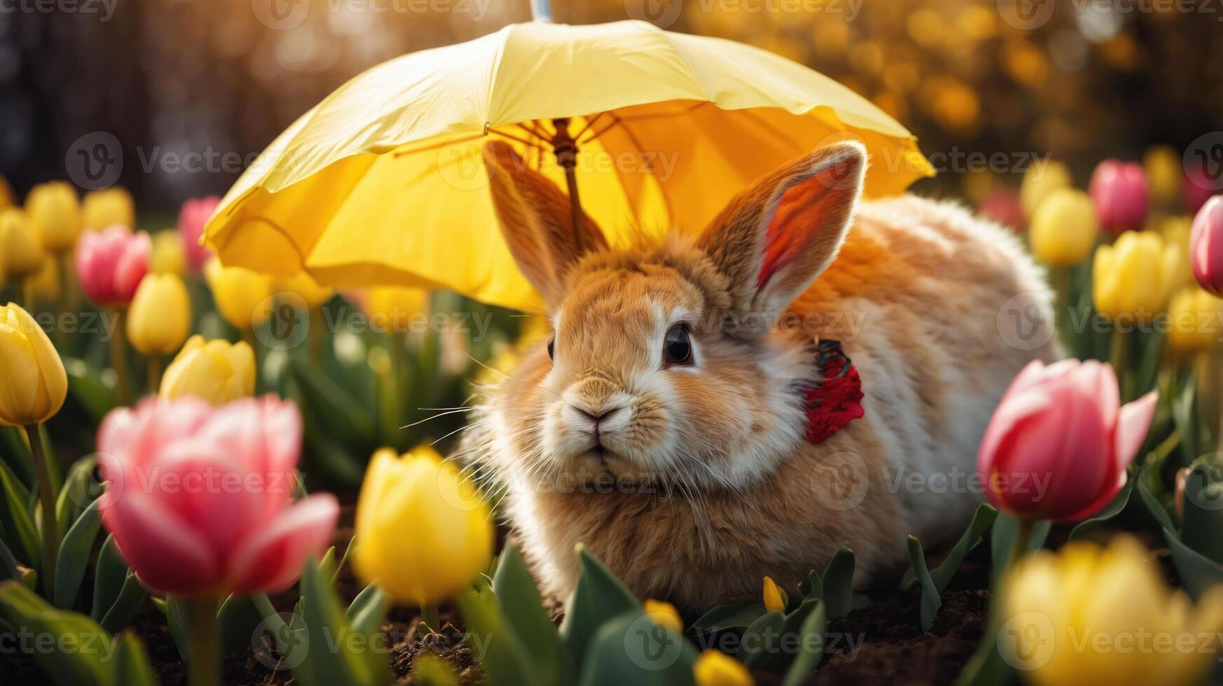 A cute rabbit sheltered under a yellow umbrella among colorful tulips in a sunny garden. photo
