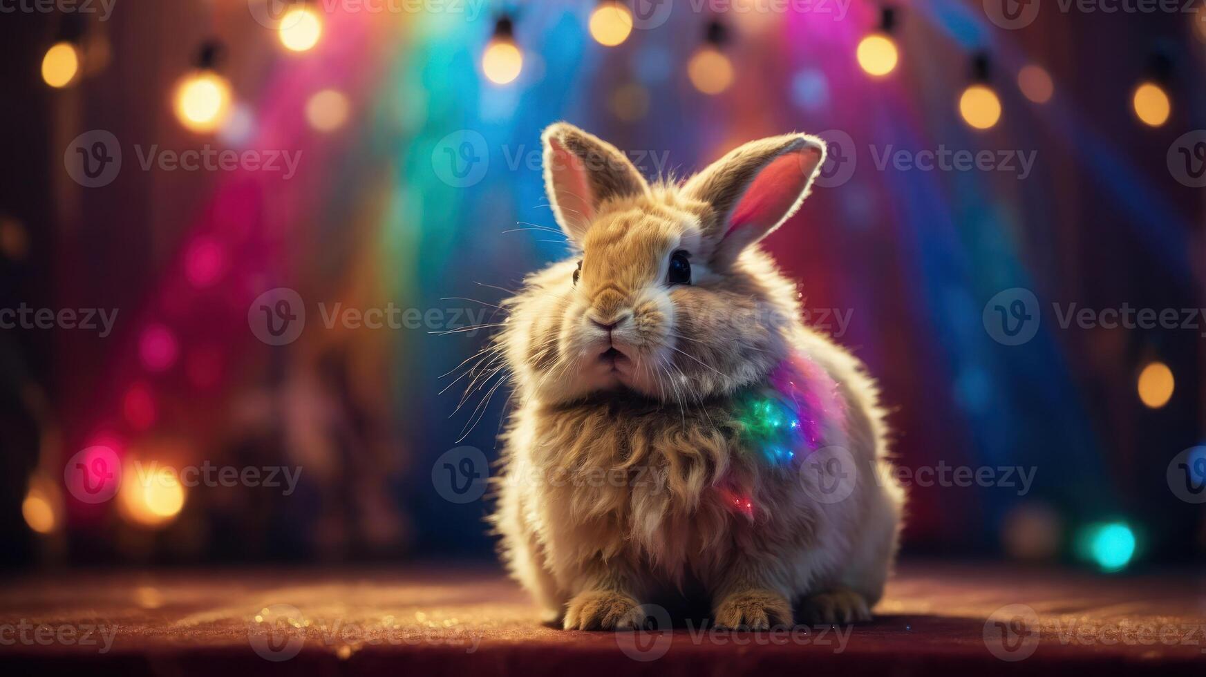 A fluffy rabbit sits on a stage with colorful lights in a festive atmosphere. photo