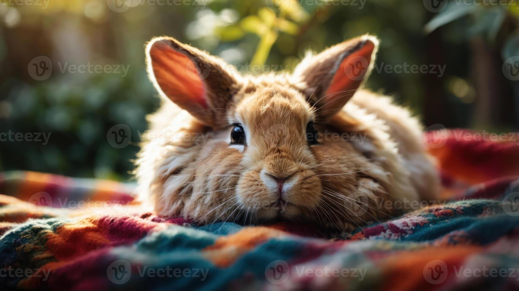 A fluffy rabbit resting on a colorful blanket in a serene outdoor setting. photo