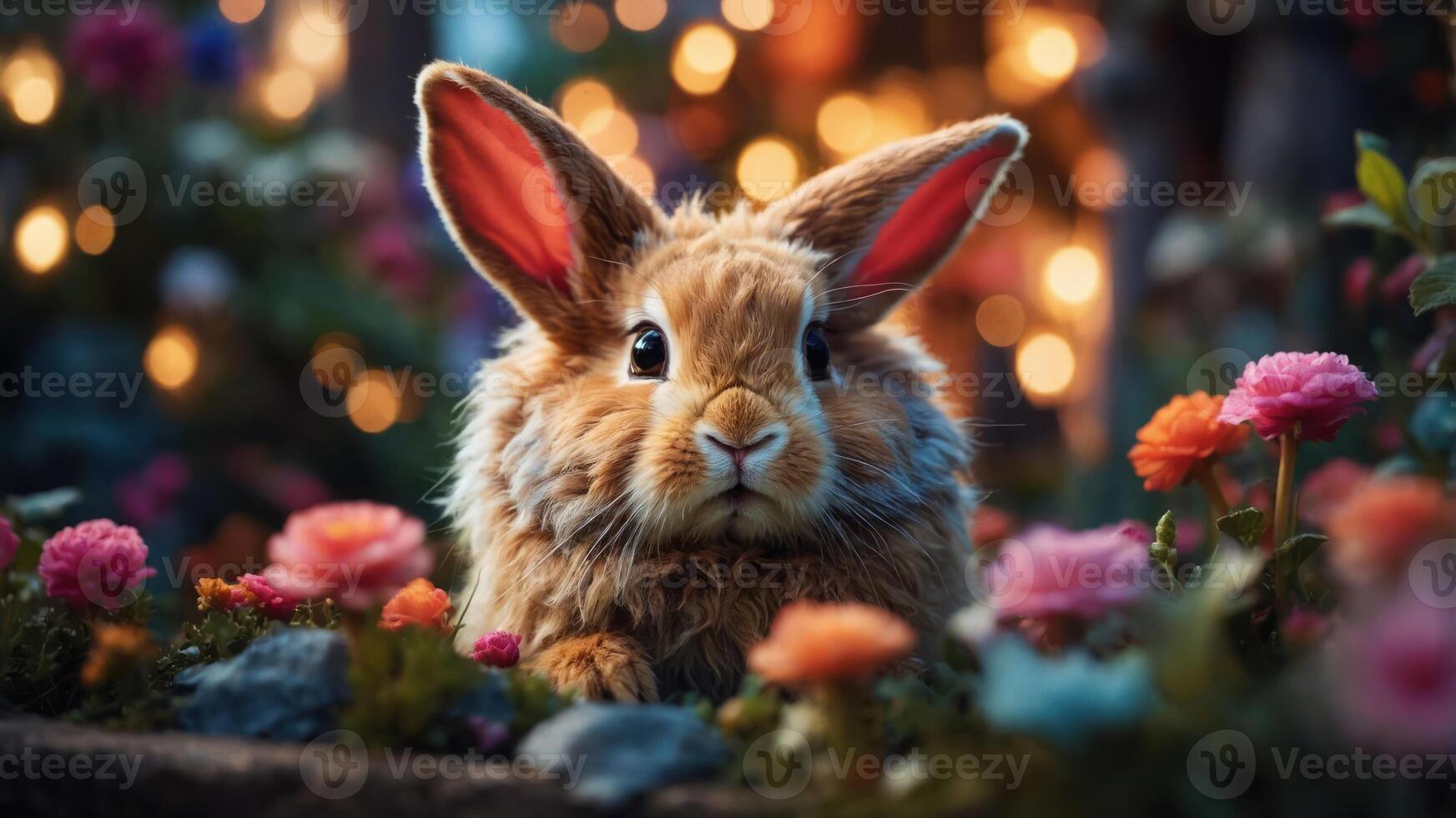 A cute rabbit surrounded by colorful flowers in a whimsical, enchanting setting. photo