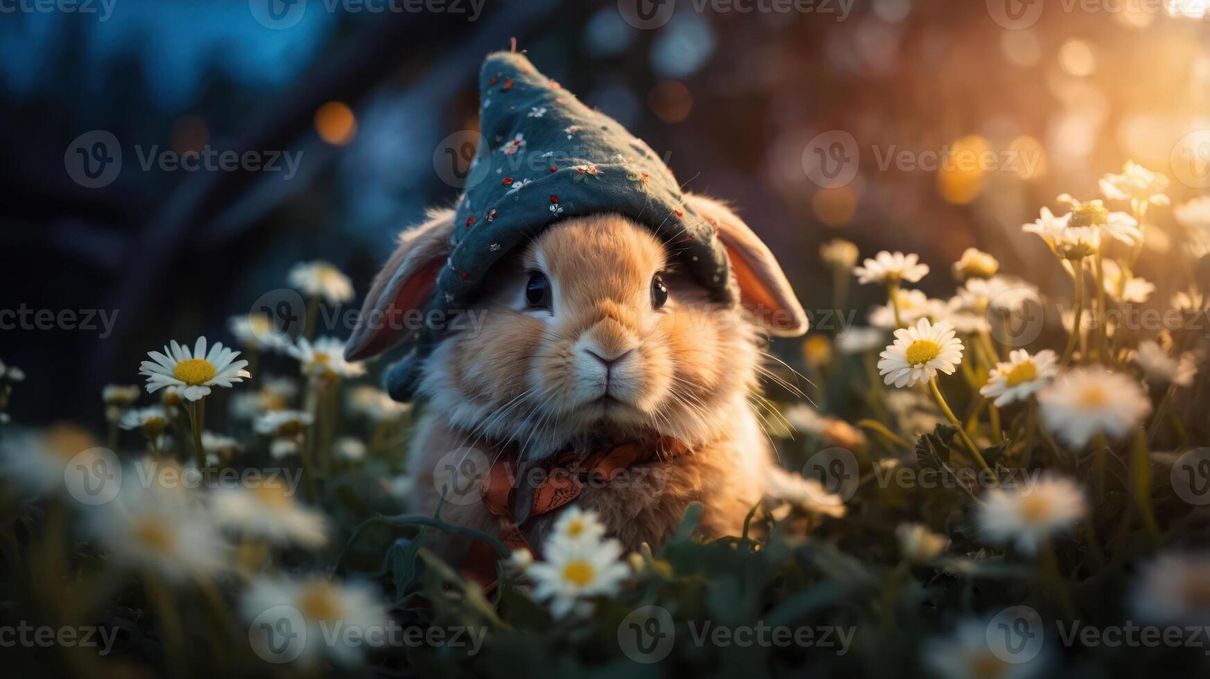 A cute bunny wearing a hat sits among daisies in a serene, magical setting. photo