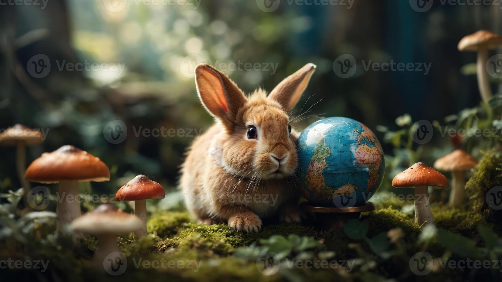 A cute rabbit sits beside a globe in a forest setting, surrounded by mushrooms and greenery. photo