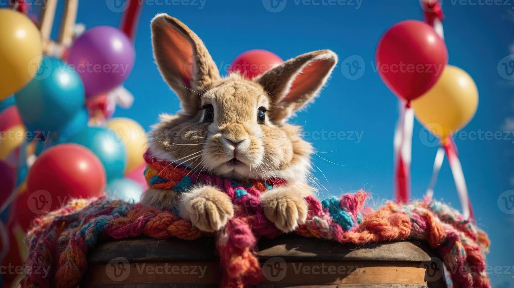 A whimsical rabbit character sitting on a colorful blanket with balloons in a festive setting. photo