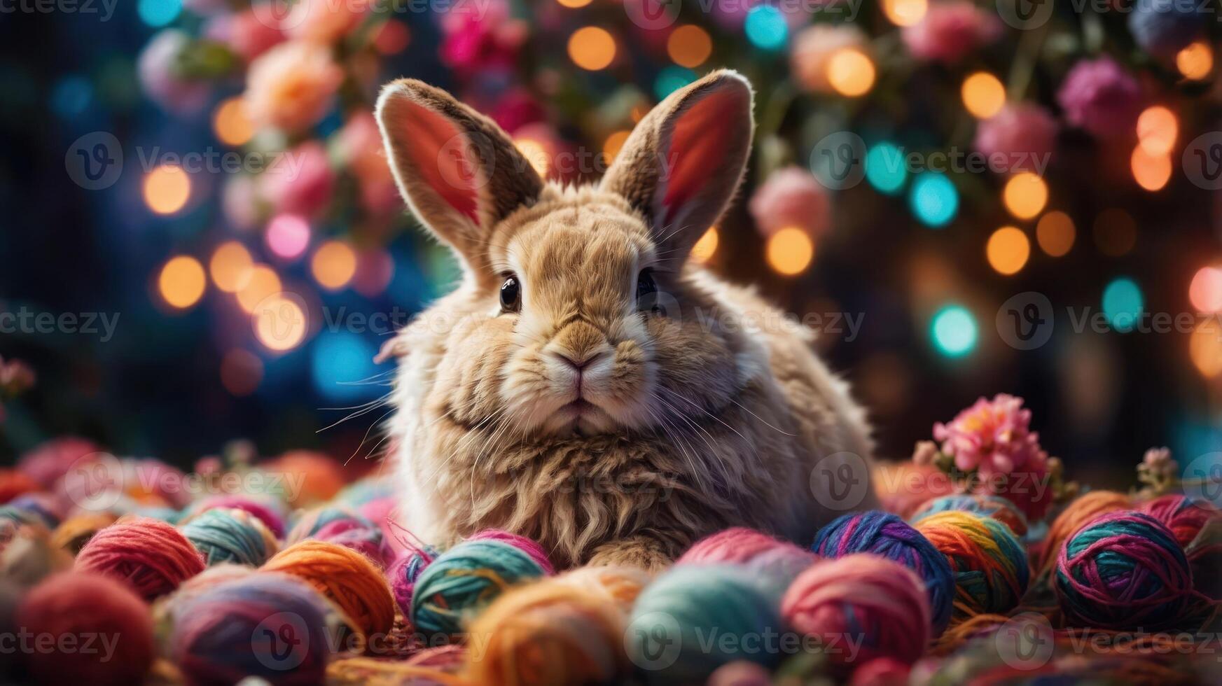 A fluffy rabbit surrounded by colorful yarn balls and flowers, creating a whimsical scene. photo