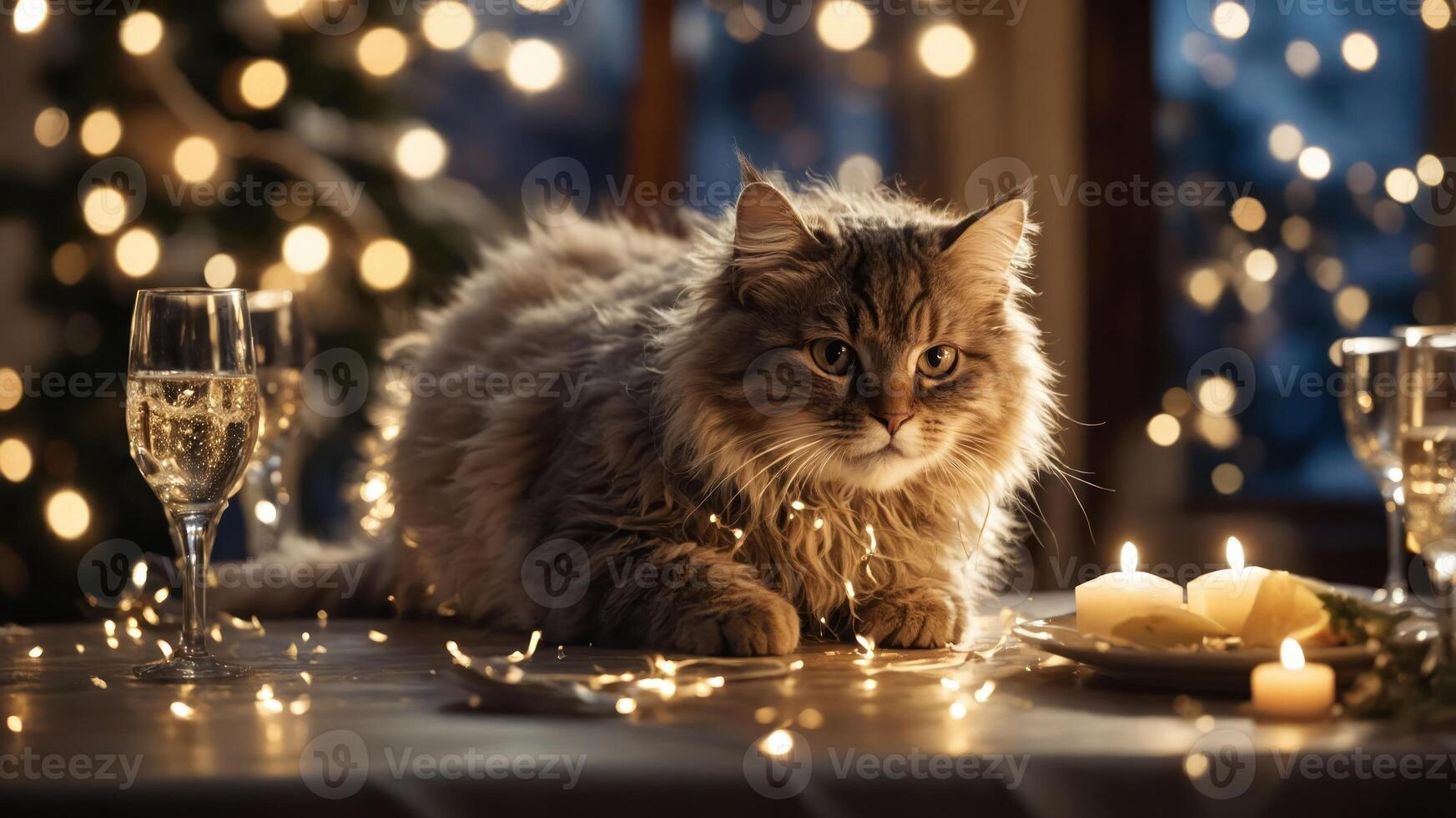 A fluffy cat sits on a table adorned with candles and festive lights, creating a cozy atmosphere. photo