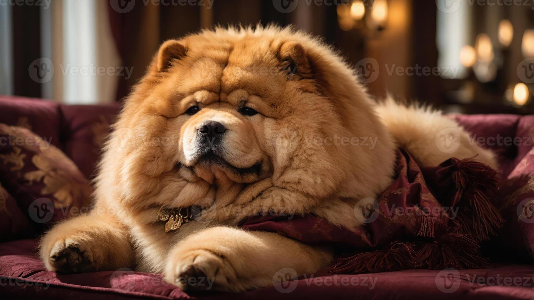 A fluffy chow chow dog lounging on an ornate couch with a luxurious atmosphere. photo