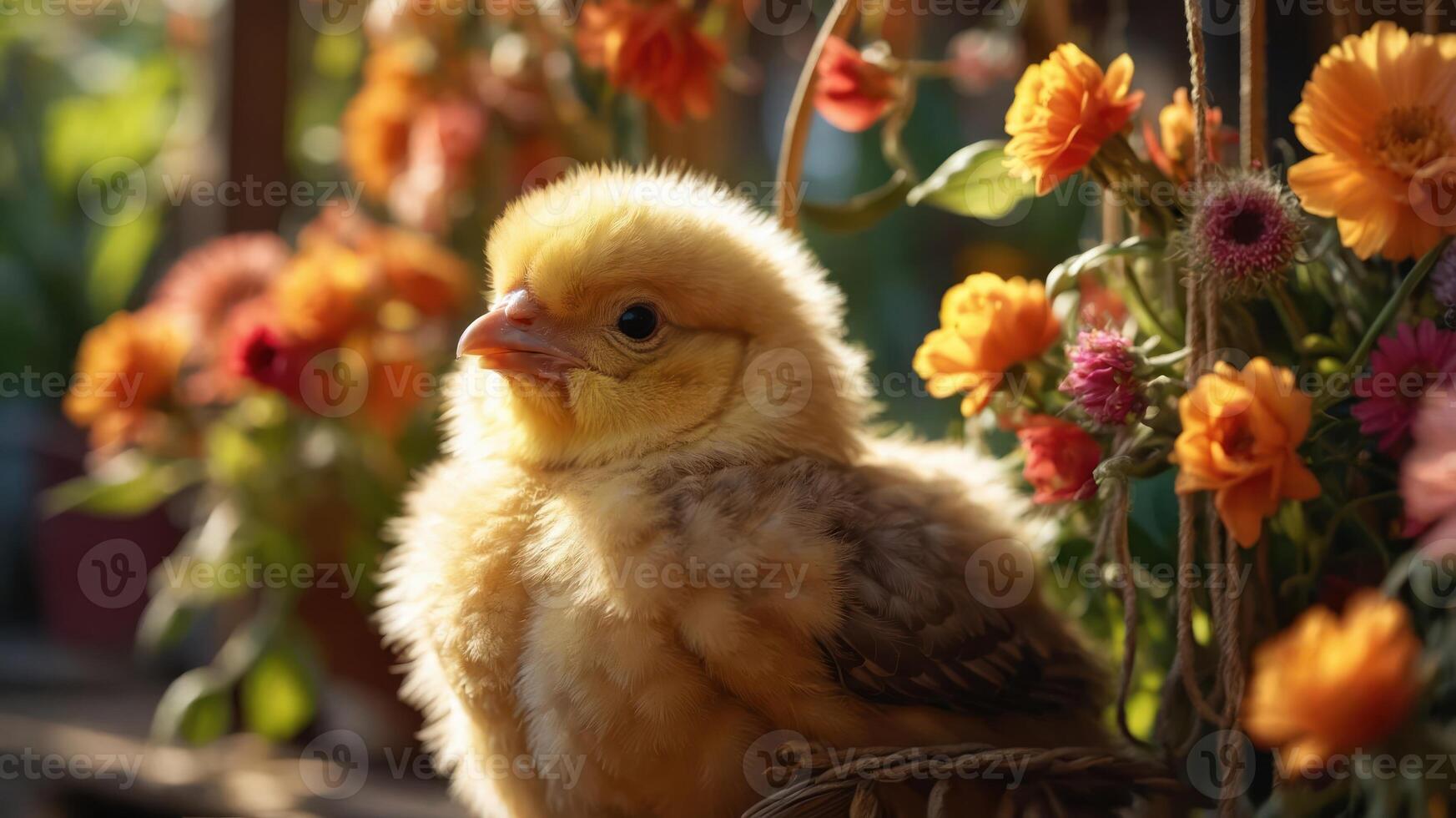 A fluffy chick surrounded by colorful flowers in a warm, natural setting. photo