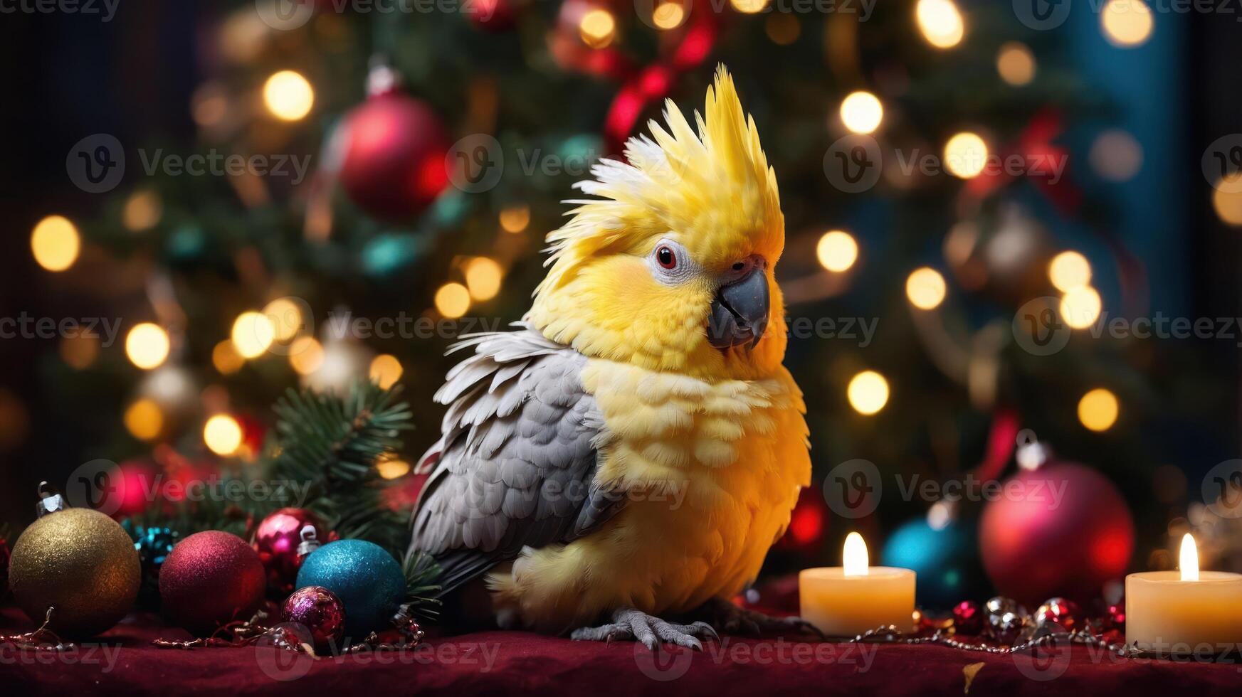 A festive cockatoo surrounded by holiday decorations and candles. photo