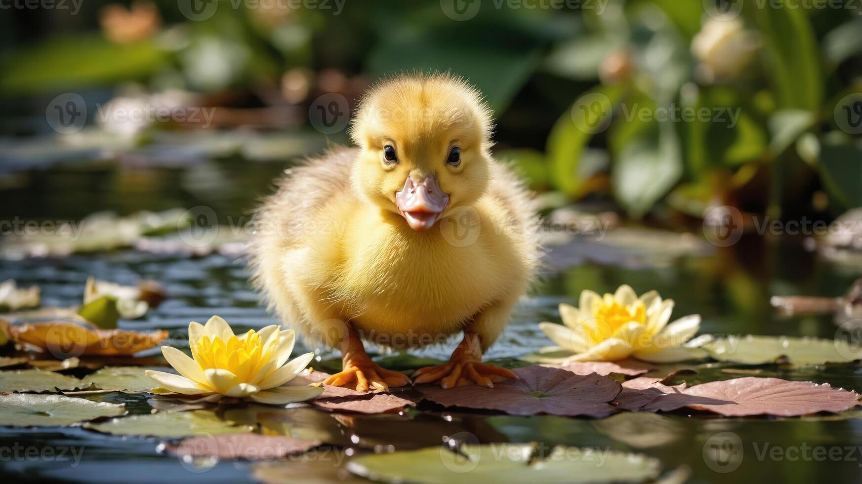 A cute yellow duckling stands on lily pads in a serene pond surrounded by flowers. photo