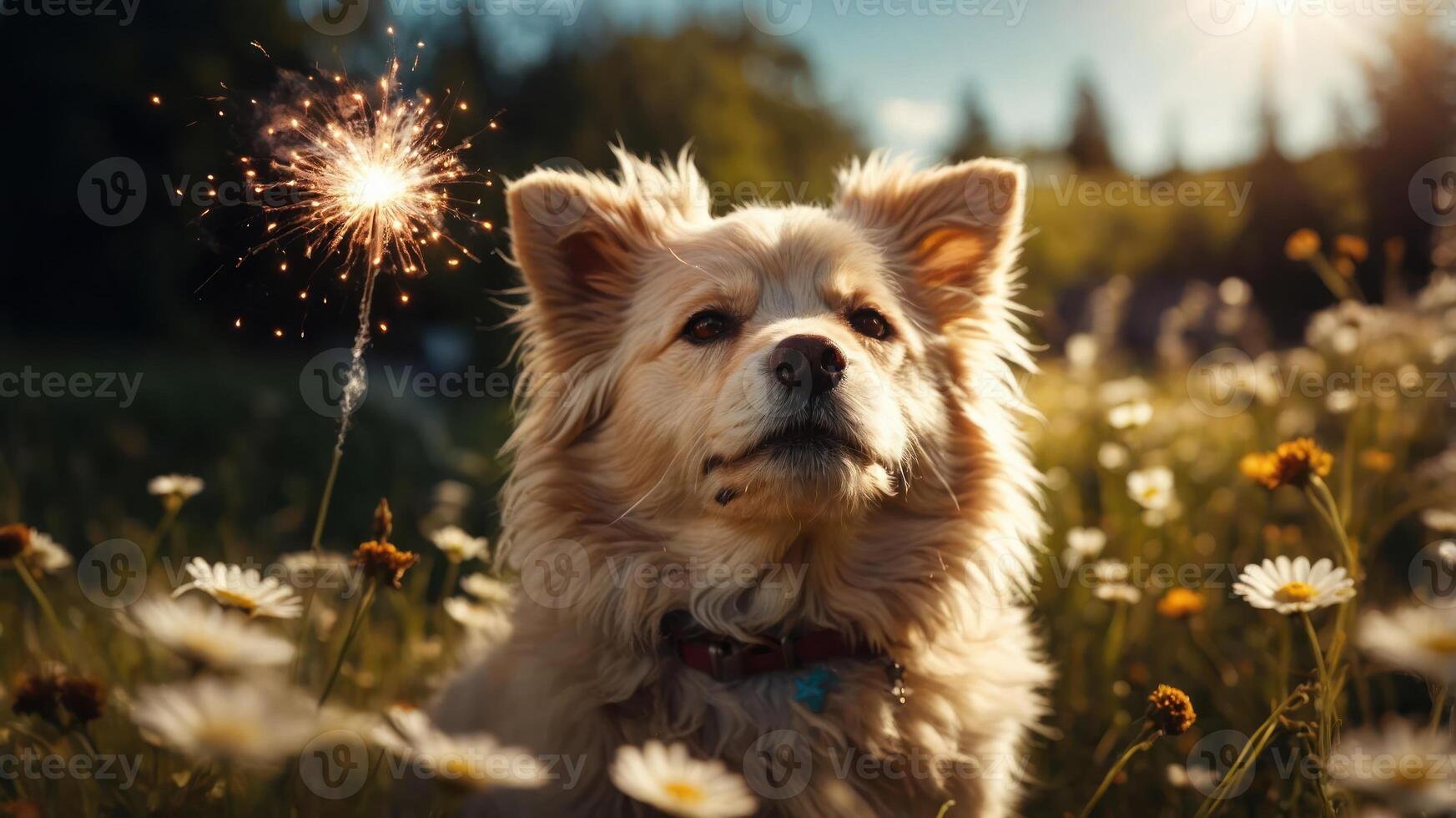 A golden dog gazes thoughtfully amidst a field of daisies, with a sparkler in the foreground. photo
