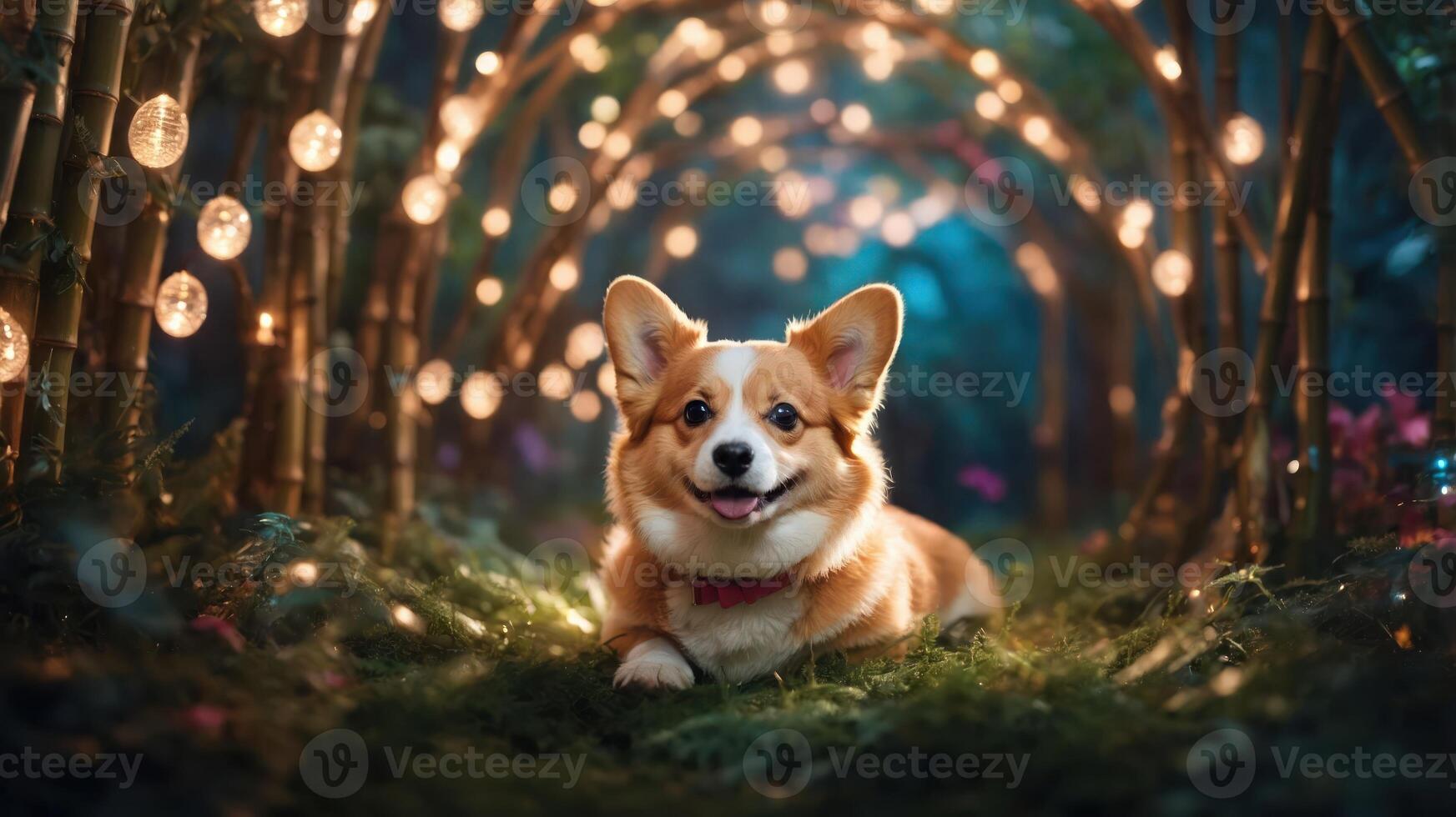 A corgi relaxes in a beautifully lit bamboo pathway surrounded by greenery and flowers. photo