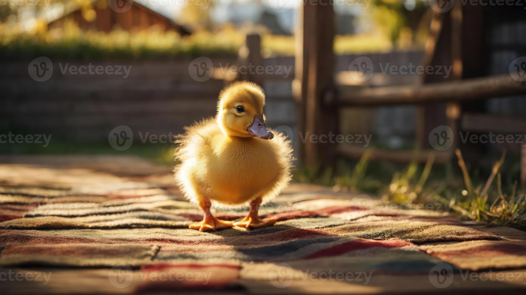 A fluffy yellow duckling standing on a patterned rug in a sunlit outdoor setting. photo