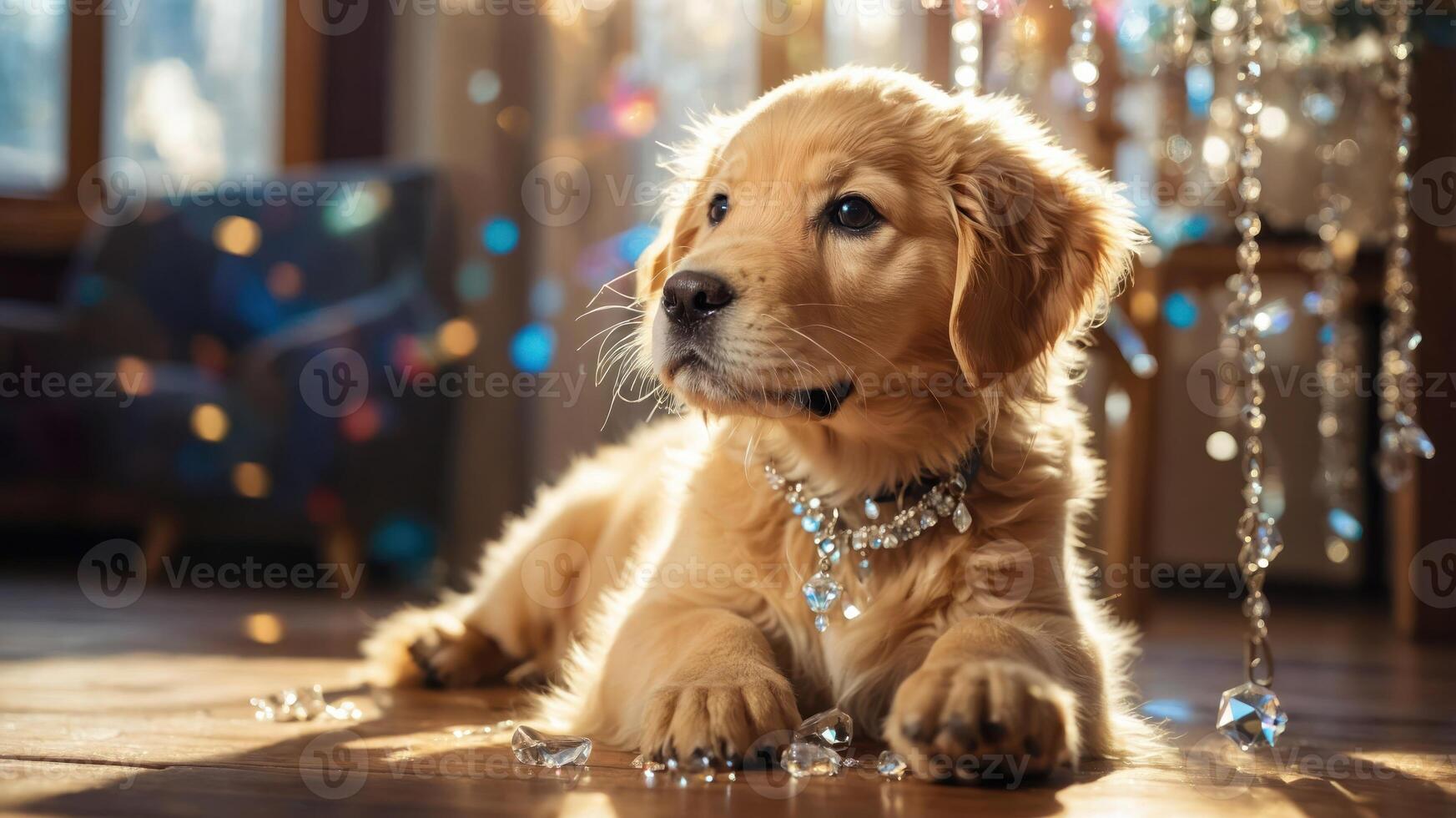 A golden retriever puppy adorned with sparkling decorations, lying on a wooden floor. photo