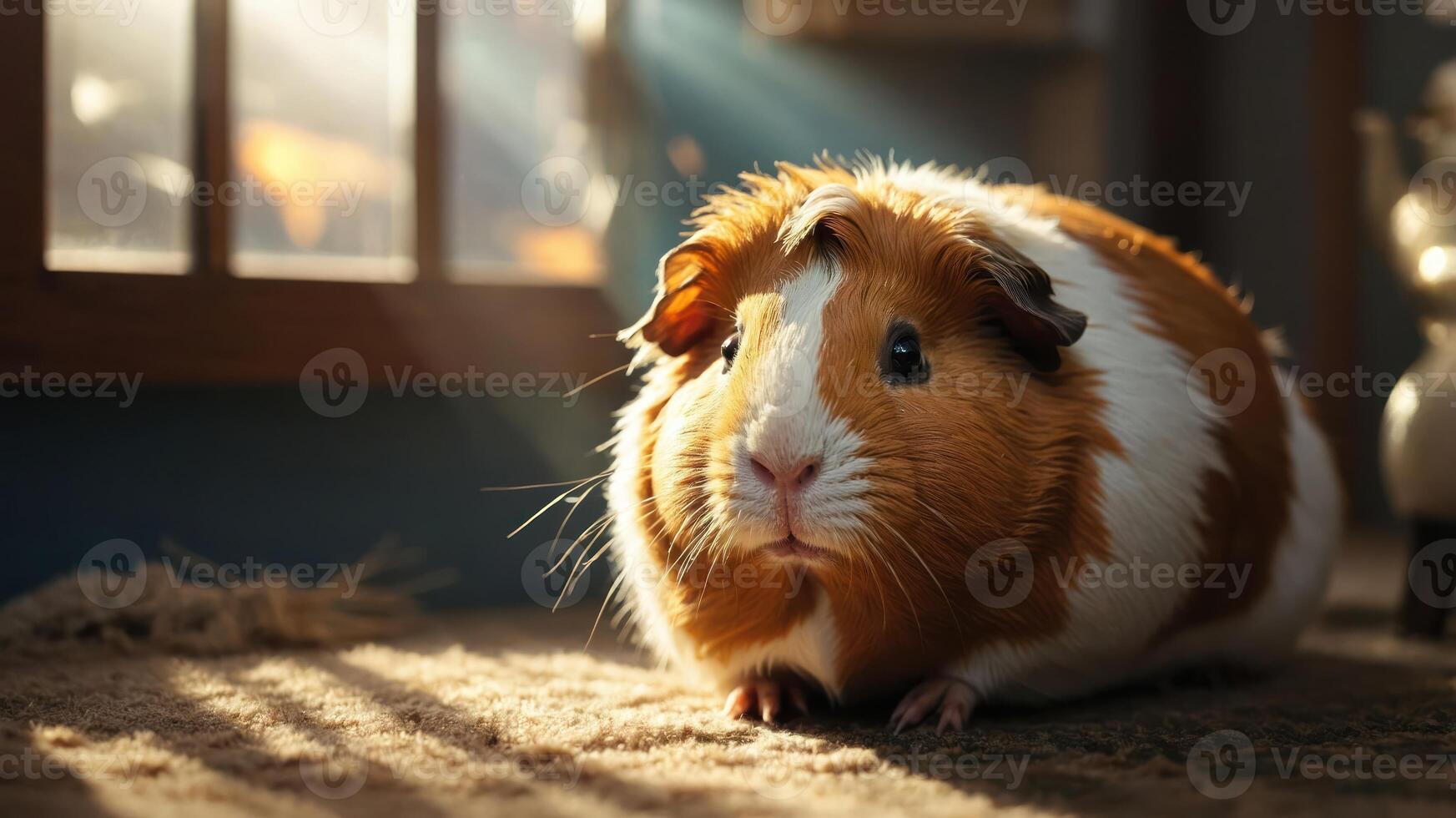 A cute guinea pig resting on a carpet, illuminated by soft sunlight from a nearby window. photo