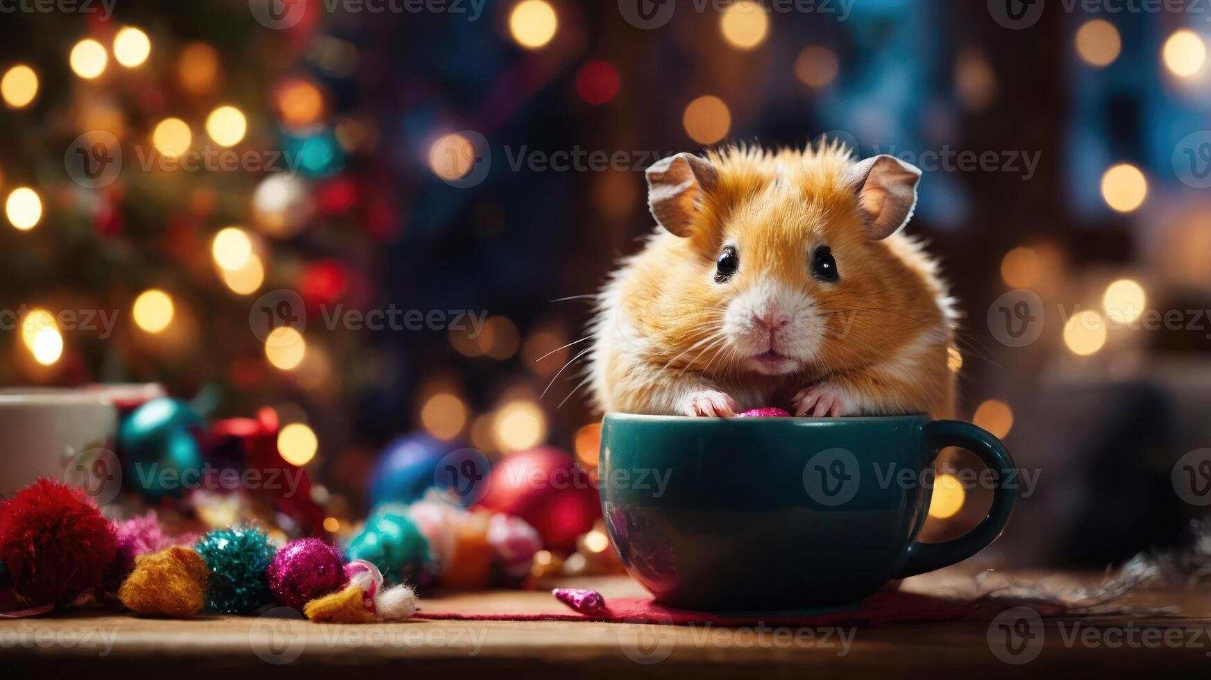 A cute hamster sitting in a teal cup surrounded by festive decorations and lights. photo