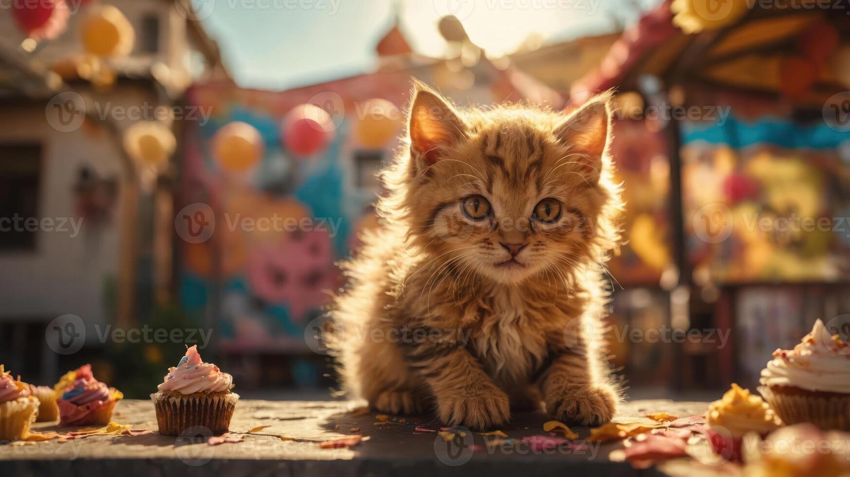 A fluffy kitten surrounded by colorful cupcakes in a festive outdoor setting. photo