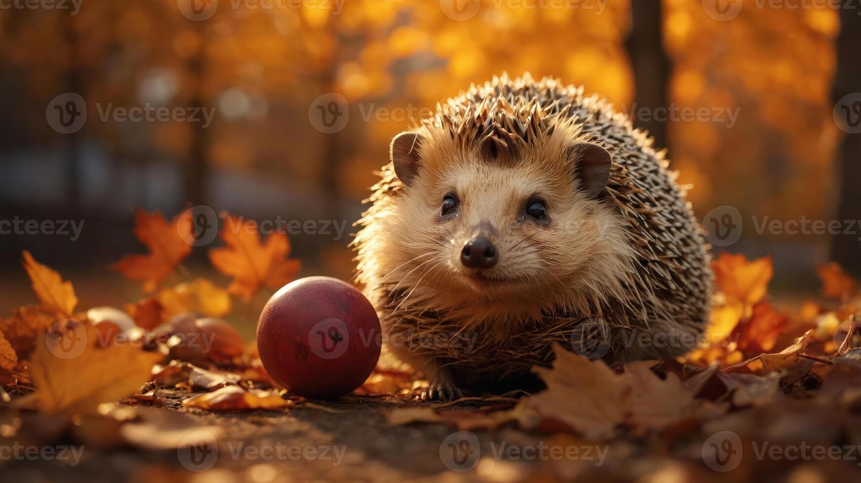 A hedgehog sits among autumn leaves with a small ball nearby, capturing a serene moment. photo