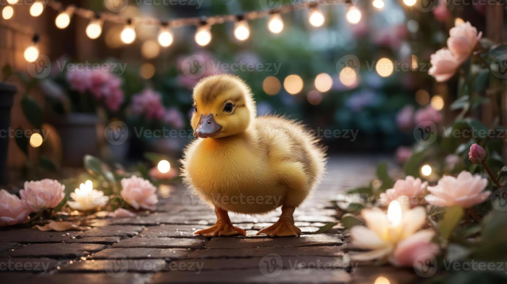 A cute yellow duckling stands on a brick path surrounded by flowers and fairy lights. photo