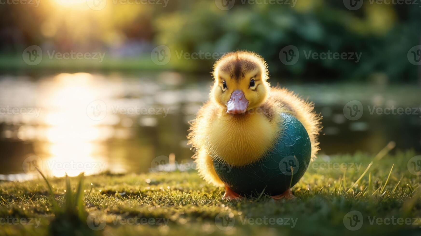 A fluffy duckling sitting on grass near a pond, illuminated by soft sunset light. photo