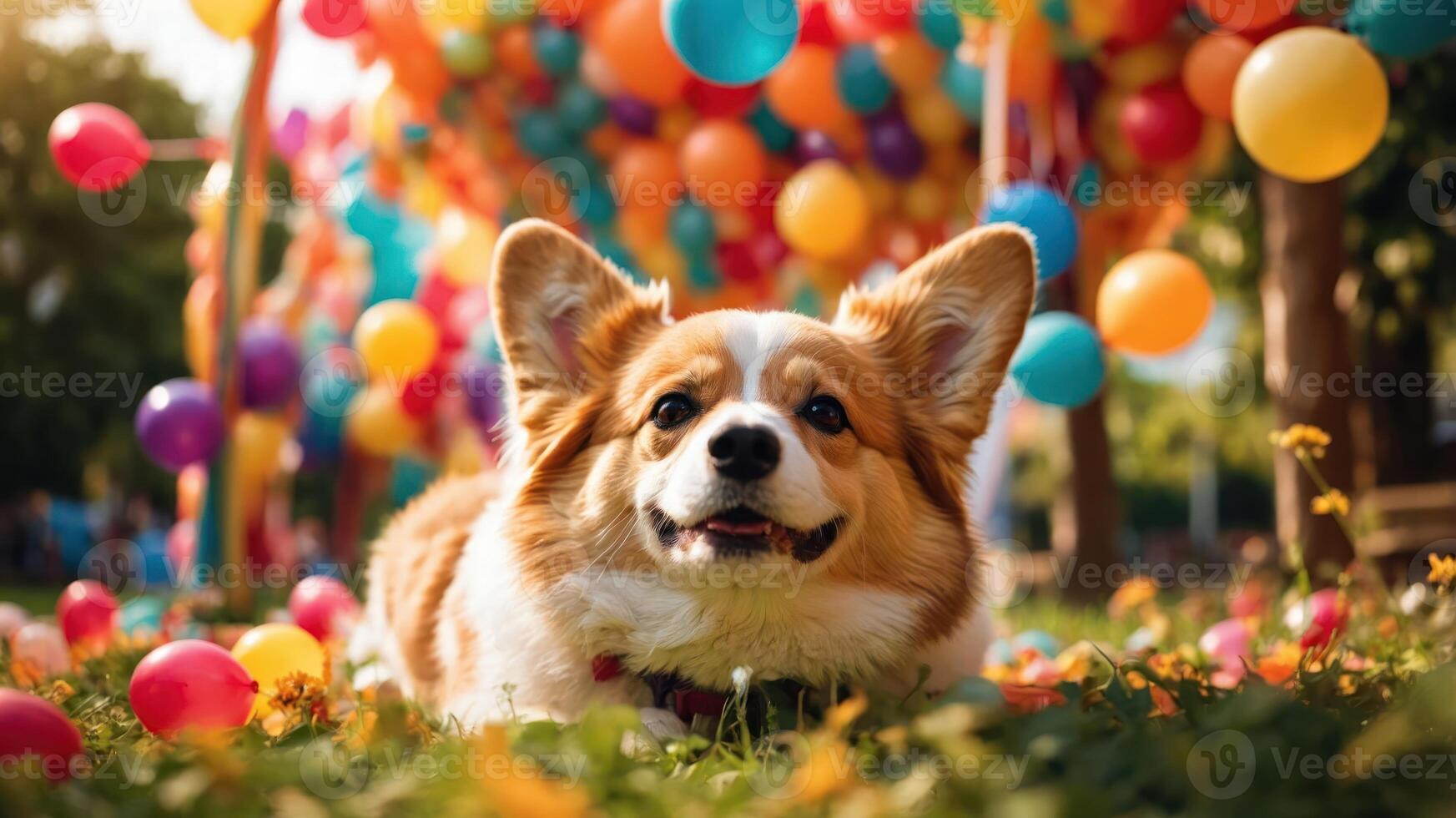 A happy corgi lying on grass surrounded by colorful balloons in a festive setting. photo