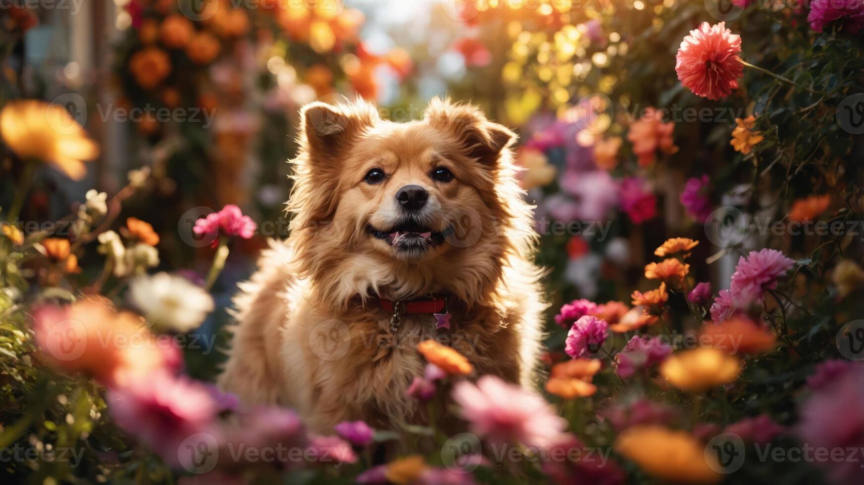 A cheerful dog surrounded by vibrant flowers in a sunny garden. photo