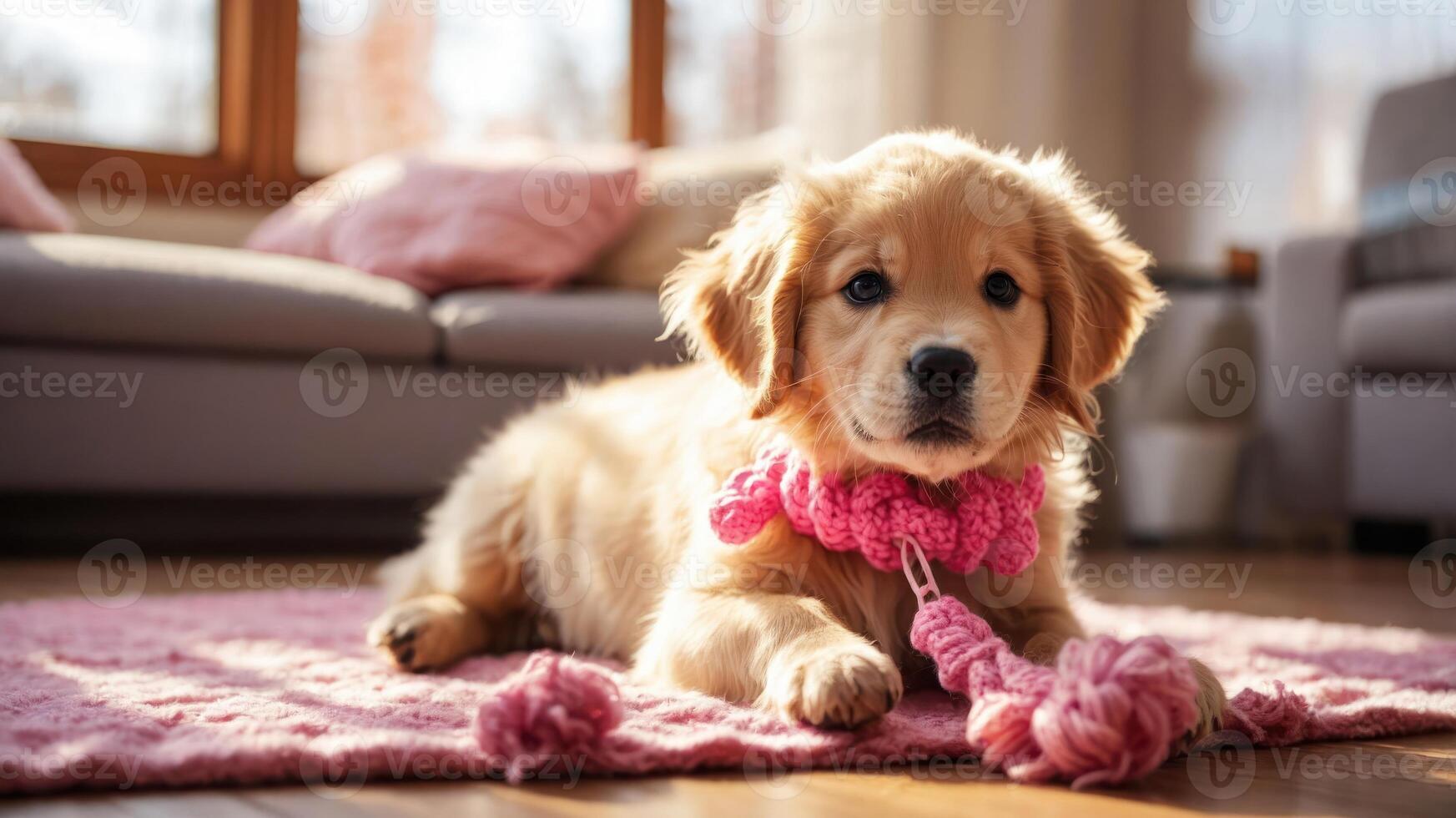 A golden retriever puppy lying on a pink rug, looking adorable and playful. photo