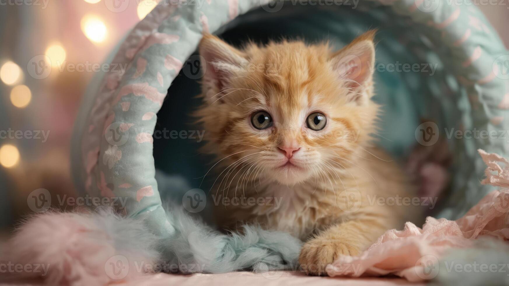 A playful orange kitten peeks out from a cozy, pastel-colored tunnel. photo