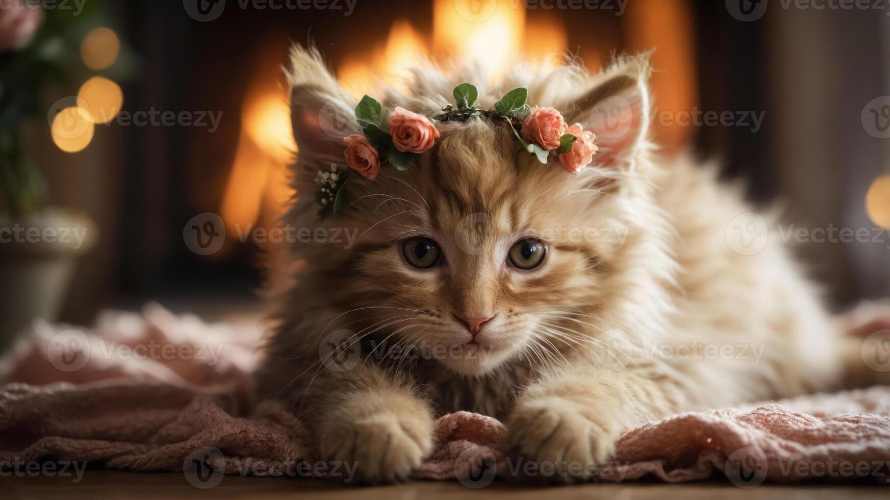 A cute kitten with a floral crown poses in front of a cozy fireplace. photo