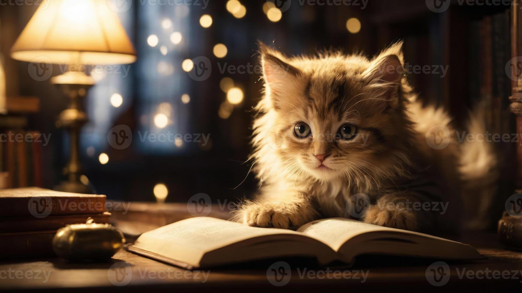 A fluffy cat curiously examines an open book in a cozy, softly lit room. photo