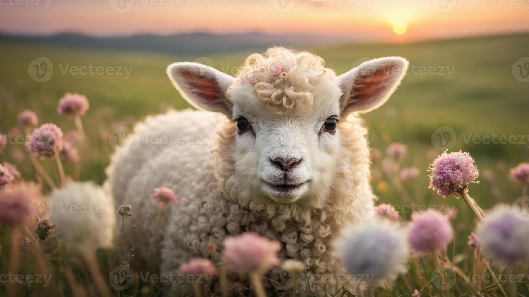 A cute lamb surrounded by colorful flowers at sunset in a serene landscape. photo