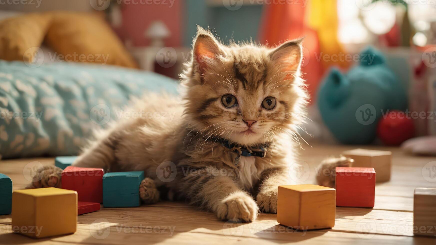 A playful kitten surrounded by colorful building blocks in a cozy room. photo