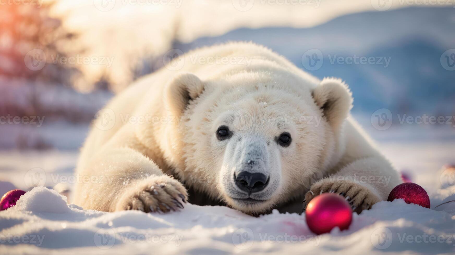 A polar bear lying in the snow with red ornaments around it, evoking a festive winter scene. photo