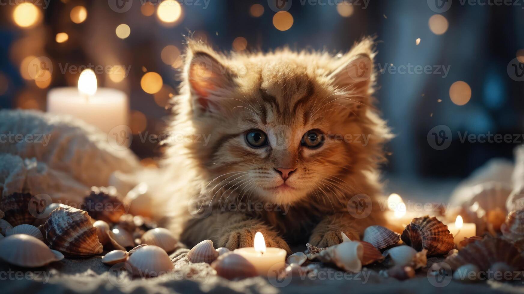 A fluffy kitten surrounded by seashells and candles, creating a cozy and serene atmosphere. photo