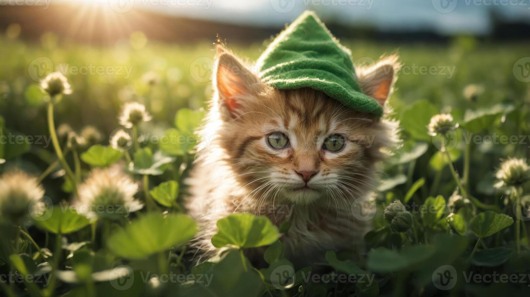 A fluffy kitten wearing a green hat sits in a field of clover, illuminated by sunlight. photo