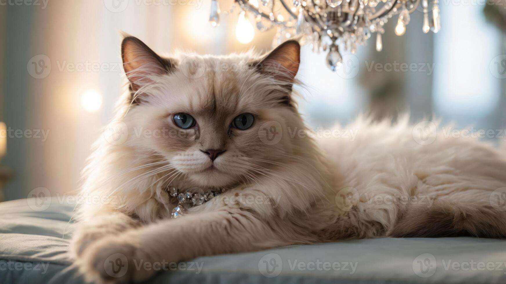 A fluffy cat lounging elegantly with a sparkling chandelier in the background. photo