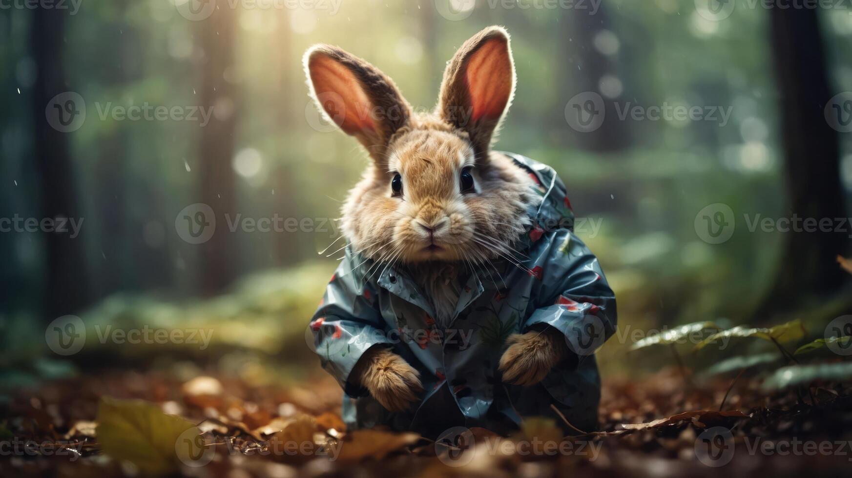 A whimsical rabbit wearing a raincoat in a forest setting. photo